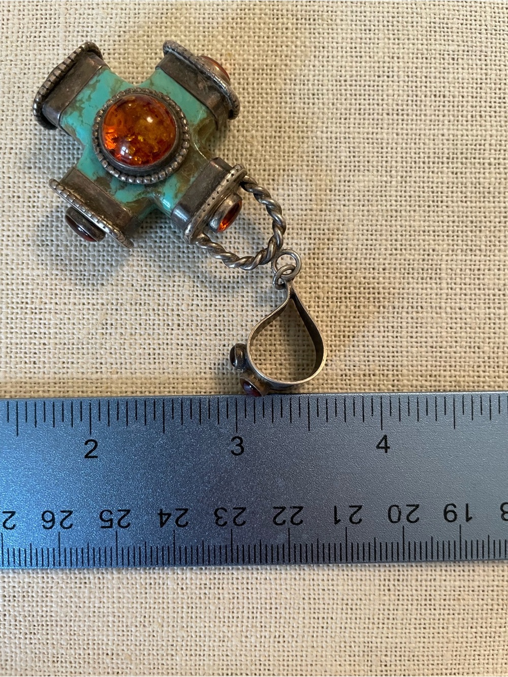 LARGE Reversible Sterling Silver, Turquoise, and Amber Cross Pendant - Picture 11 of 12
